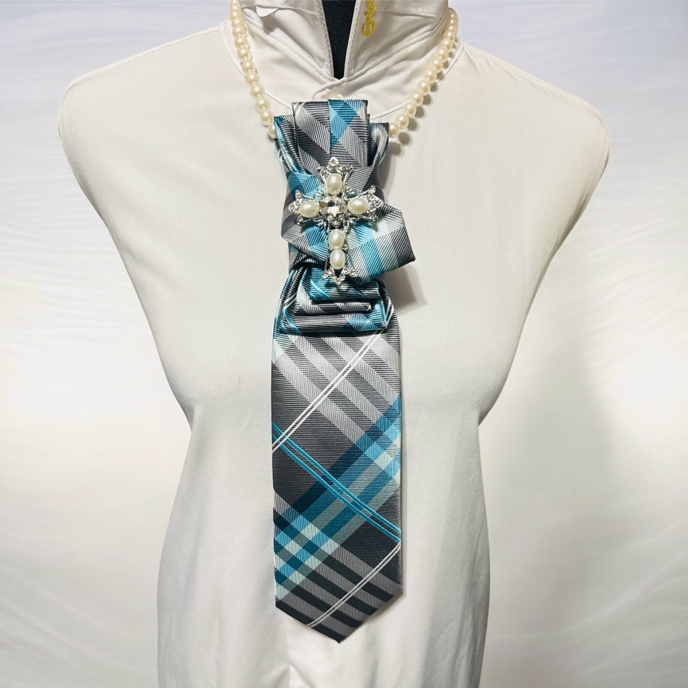 Geoffrey Beene Teal Blue and Silver Plaid Necktie with Silver Cross Brooch